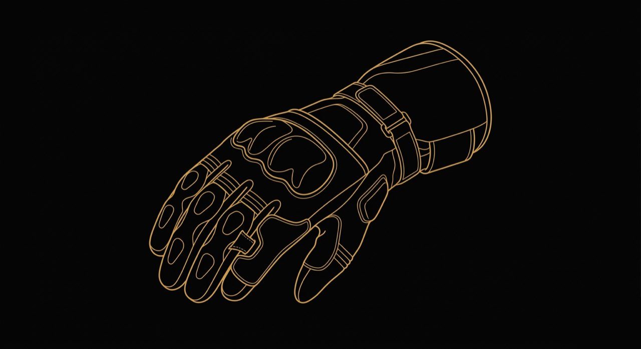 Four key protection zones on a track motorcycle glove: knuckle armor, palm slider, gauntlet cuff, and finger bridge
