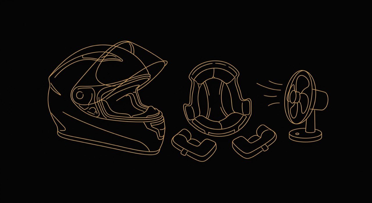 Motorcycle helmet liner drying after hand-wash: removed pads laid out in shade with a fan, no heat or direct sun