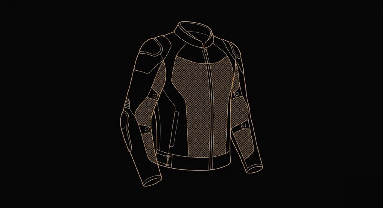 Mesh motorcycle jacket protection zones: CE armor at shoulders, elbows, and back; mesh ventilation panels across the chest and mid-back; abrasion-resistant reinforcement at impact points