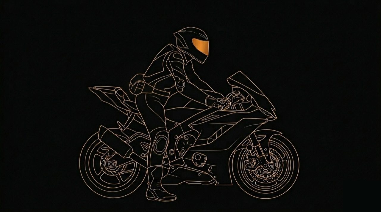 Side view: a rider on a sportbike, marking the wind direction, the downwind recorder placement, and the exhaust outlet